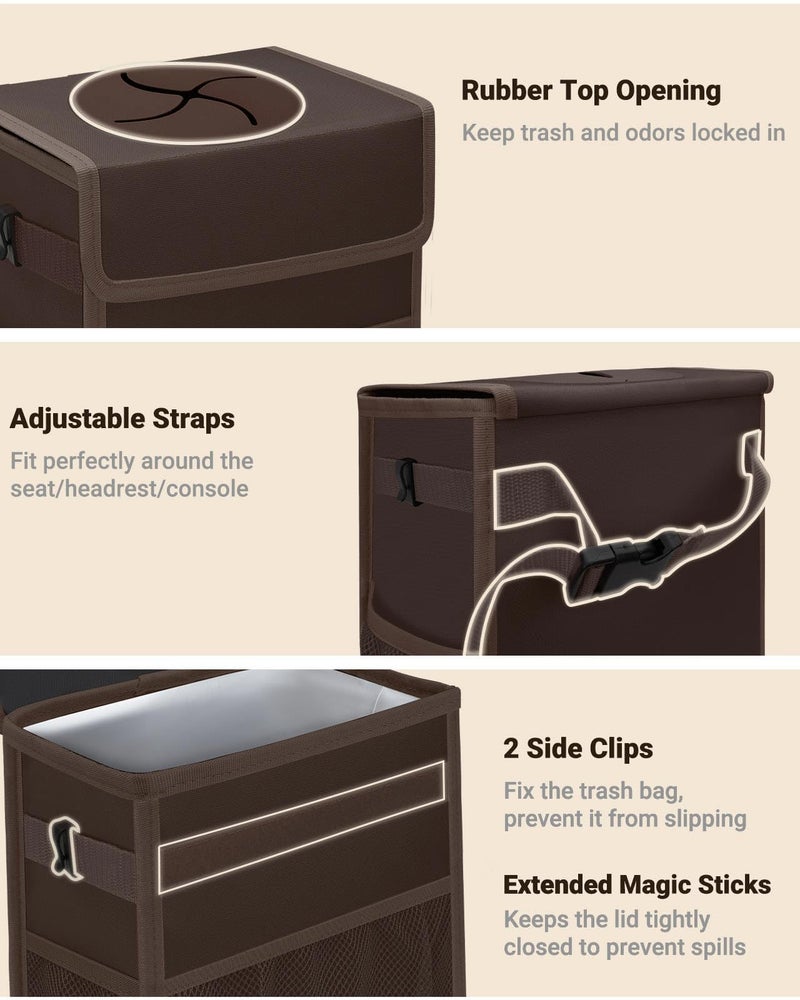 Capolo Car Trash Can with Lid, Leakproof Car Trash Bag Hanging Waterproof Automotive Garbage Can with Storage Pockets Mini Vehicle Trash Bin for Back/Front Seat(Brown,2.5 Gallon) - Image 3