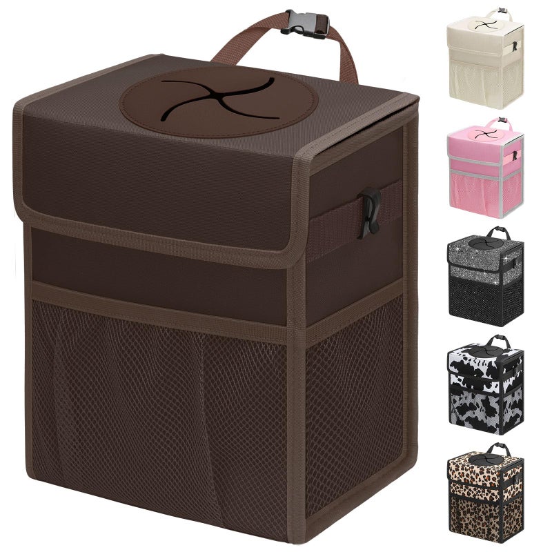 Capolo Car Trash Can with Lid, Leakproof Car Trash Bag Hanging Waterproof Automotive Garbage Can with Storage Pockets Mini Vehicle Trash Bin for Back/Front Seat(Brown,2.5 Gallon) - Image 1