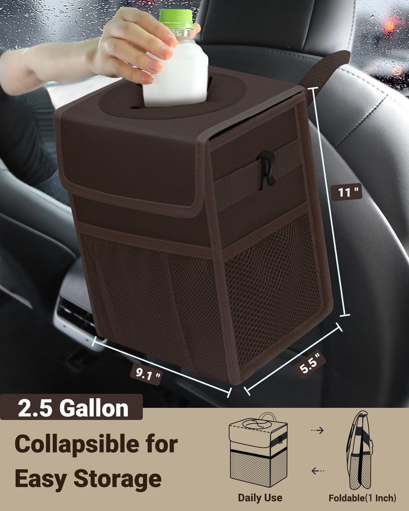 Capolo Car Trash Can with Lid, Leakproof Car Trash Bag Hanging Waterproof Automotive Garbage Can with Storage Pockets Mini Vehicle Trash Bin for Back/Front Seat(Brown,2.5 Gallon) - Image 2