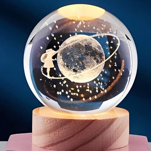 Oblivion 3D Universe Shree Ganesh Crystal Ball Night Light Glass Space Galaxy LED Lamp with Wooden Base 3D Engraved Solar System Crystal Ball for Home Decoration (Astronaut with Resin) - Image 2