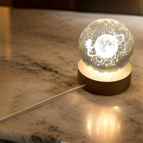 Oblivion 3D Universe Shree Ganesh Crystal Ball Night Light Glass Space Galaxy LED Lamp with Wooden Base 3D Engraved Solar System Crystal Ball for Home Decoration (Astronaut with Resin) - Image 5