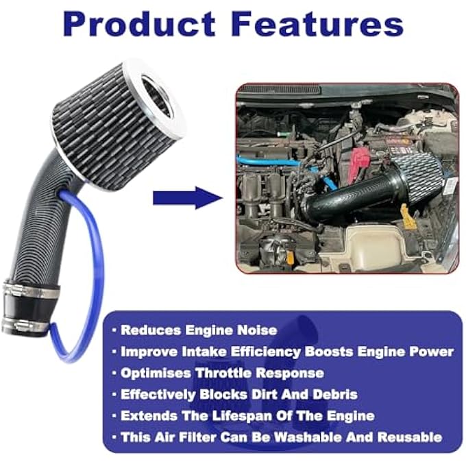 Krtopo Cold Air Intake Filter Kit - 3 Air Induction Kit 76mm Cone Filter Universal Performance with Aluminum Alloy Tube Intake Hose Pipe System for Automobile Engine - Black - Image 4
