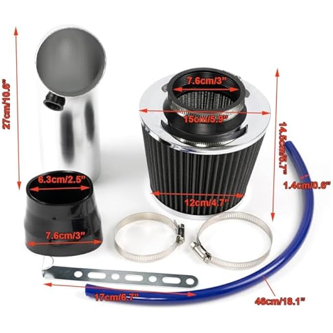 Krtopo Cold Air Intake Filter Kit - 3 Air Induction Kit 76mm Cone Filter Universal Performance with Aluminum Alloy Tube Intake Hose Pipe System for Automobile Engine - Black - Image 5