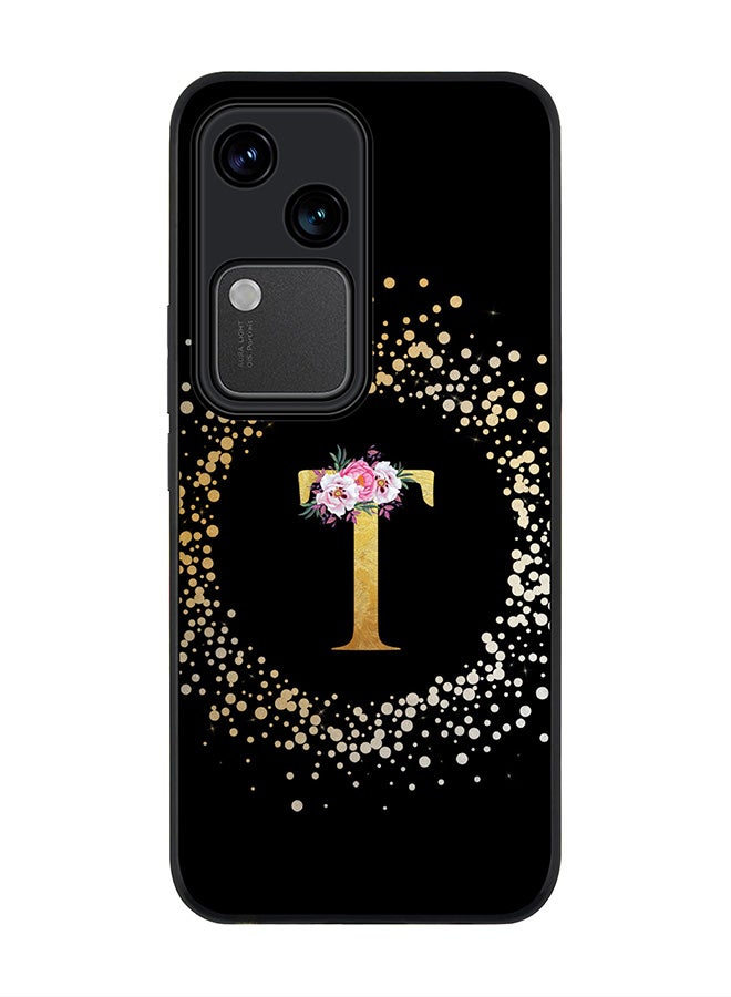 Stylizedd Rugged Black edge case for Vivo V30 5G, Slim fit Flexible Cover -  Custom Monogram Initial Letter Floral Pattern Alphabet - T ( Black ) - Image 1
