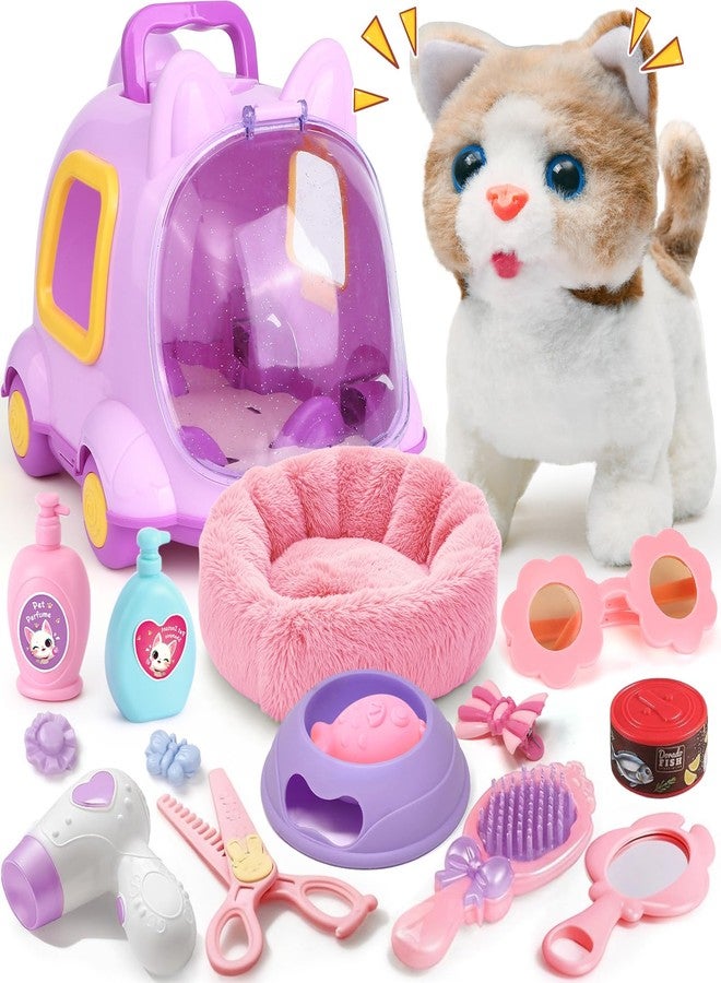 TUZT 17 PCS Cat Toys for Kids Girls, Realistic Walking Meowing Robot Cat Plush with Accessories, Pretend Play Pet Care Playset Toddler Girl Toy for 3 4 5 6 7 8, Birthday Gift for little Girl 3-8 Years - Image 1