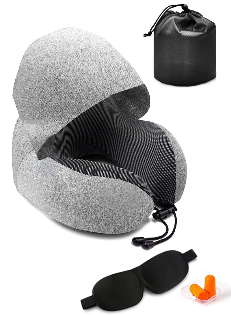 Portable Memory Foam Travel Pillow with Hood, Dark Flights Sleeping, Grey  - Image 1