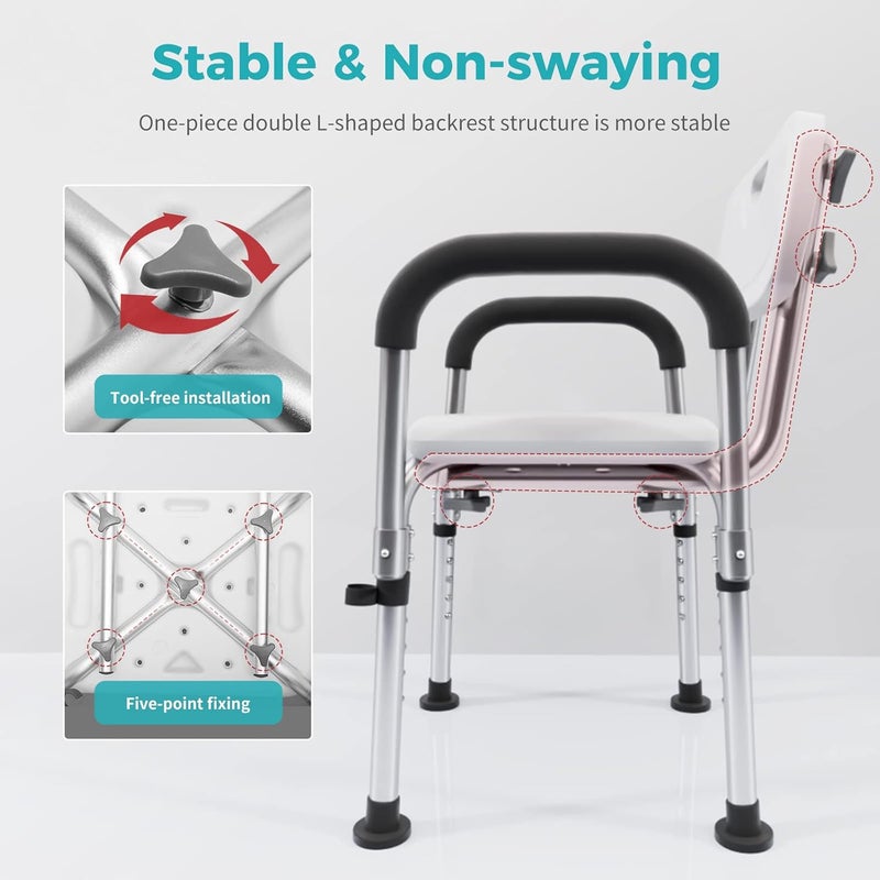 lefeke Shower Chair Bath Seat with Padded Armrests and Back,Tool Free Shower Seat,Height Adjustable Bariatric Bath Stool Safety Shower Bench for Seniors, Disabled and Pregnant,Supports up to 350 lbs - Image 3