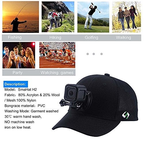 Smatree Baseball Hat Mount Mesh Cap Compatible for Gopro Hero 13/12/11/10/9/8/7/6/5/5 Session/4/3+/3/2/1/DJI OSMO Action 5 Pro/4/3, Wool Material Baseball Hat Mount Mesh Cap, Black - Image 3