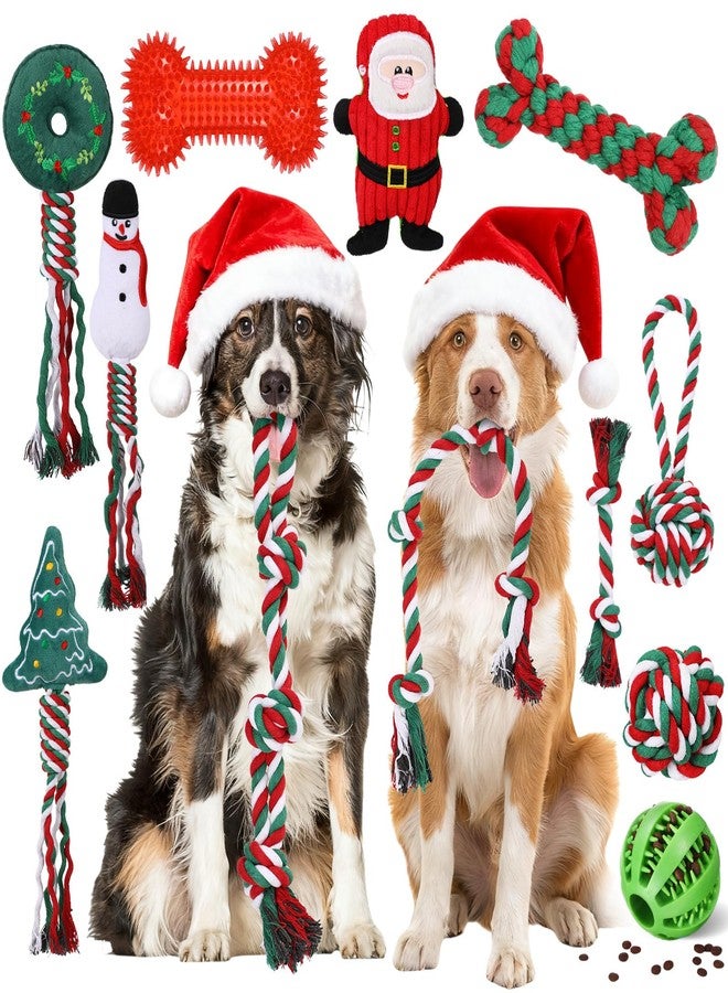 Vinsot 12 Pack Christmas Dog Gifts Large Dog Chew Toys for Aggressive Chewers Red Green White Teething Toys with Dental Rope Squeaky Balls and Chew Bone for Medium Large X-Large Breeds Dogs - Image 1