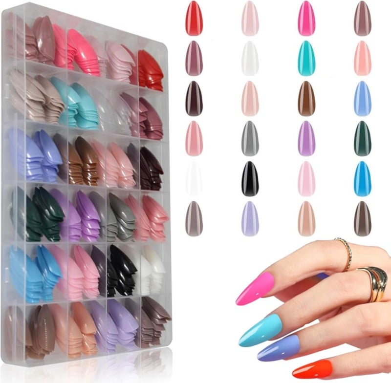 24 Color Press On Nails Sets, 576Pcs Glossy Colored Straight Fake, Full Cover Artificial Fingernails with Acrylic Tips, Manicure Design Decor for Women & Girls (Medium Almond Shape)