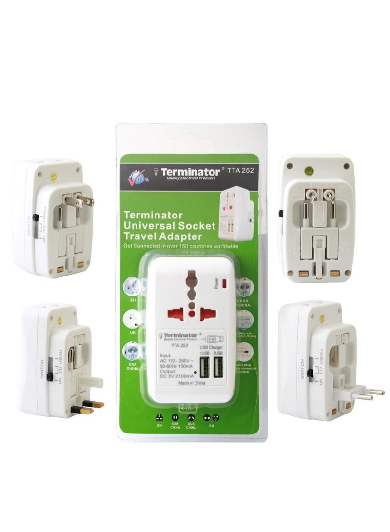 Terminator Terminator Multi-Pin Travel Adapter with Universal & 2 RP Sockets and 2 USB Sockets Rating Max 5V 21.Amp, supported 150 different countries worldwide.  - Image 1