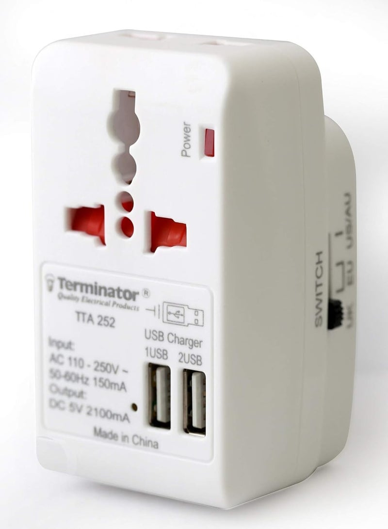 Terminator Terminator Multi-Pin Travel Adapter with Universal & 2 RP Sockets and 2 USB Sockets Rating Max 5V 21.Amp, supported 150 different countries worldwide.  - Image 2