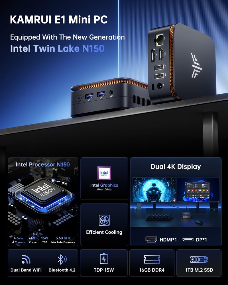 KAMRUI كمروى إيسينكس E1 N150 كمبيوتر مصغر، 16 جيجابايت DDR4 1 تيرابايت M.2 SSD كمبيوتر صغير، كمبيوتر مكتبي صغير مع إيثرنت، واي فاي، بلوتوث، يدعم عرض مزدوج بدقة 4K للأعمال، المنزل، المكتب - Image 2