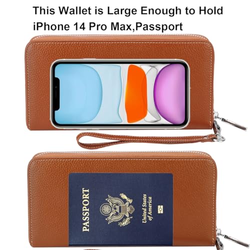 Lavemi Women's RFID Blocking 100% Leather Large Capacity Zip Around Wallet Phone Holder Clutch Travel Purse Wristlet(Large Size Pebble Brown) - Image 5
