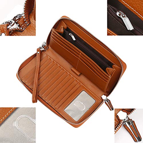Lavemi Women's RFID Blocking 100% Leather Large Capacity Zip Around Wallet Phone Holder Clutch Travel Purse Wristlet(Large Size Pebble Brown) - Image 4
