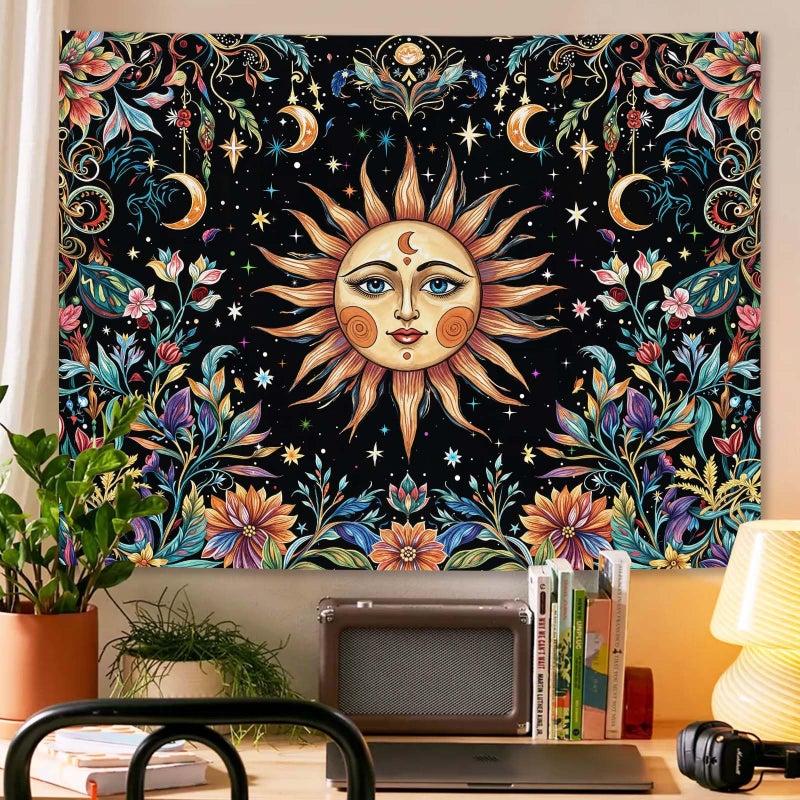 Aipon Sun and Moon Tapestry Hippie Boho Floral Wall Tapestry for Bedroom Aesthetic Colorful Flowers Vintage Celestial Botanical Plant Small Tapestries Wall Hanging for Living Room Dorm 48 x 36 Inch - Image 2
