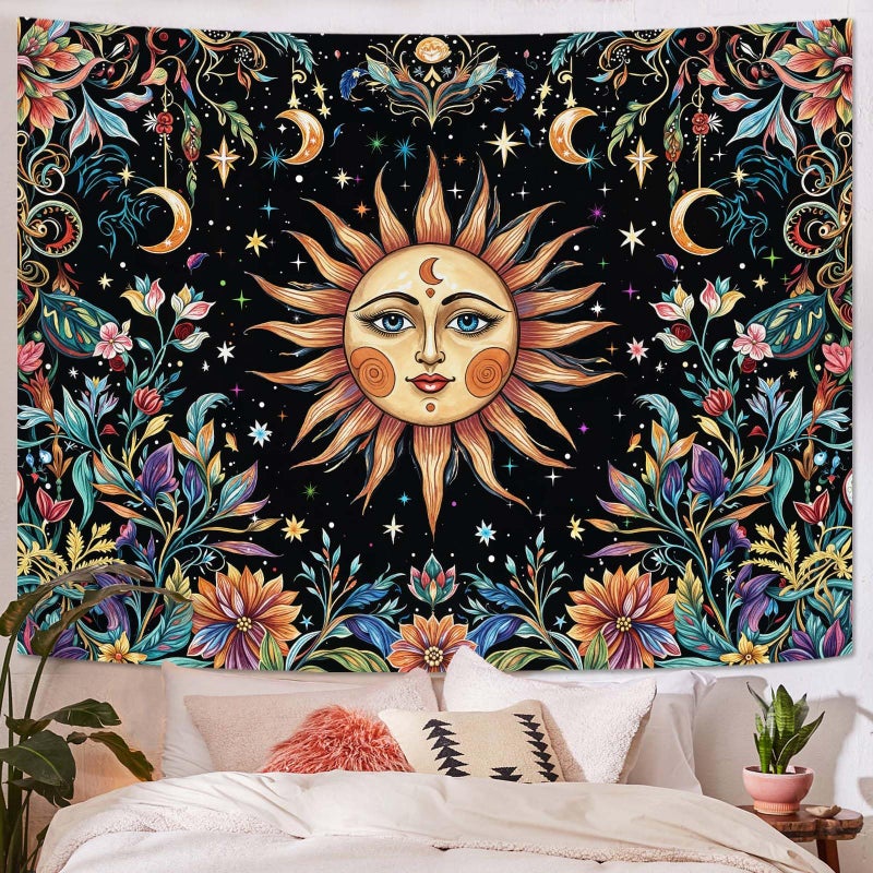 Aipon Sun and Moon Tapestry Hippie Boho Floral Wall Tapestry for Bedroom Aesthetic Colorful Flowers Vintage Celestial Botanical Plant Small Tapestries Wall Hanging for Living Room Dorm 48 x 36 Inch - Image 1