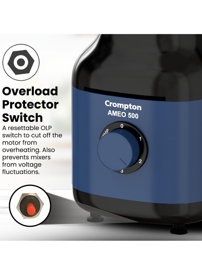 Crompton Ameo 500W Mixer Grinder with Powertron Motor & Motor Vent-X Technology, Robust design (3 Stainless Steel Jars, Blue and Black) - Image 4
