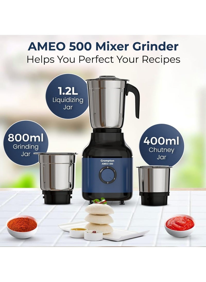 Crompton Ameo 500W Mixer Grinder with Powertron Motor & Motor Vent-X Technology, Robust design (3 Stainless Steel Jars, Blue and Black) - Image 2