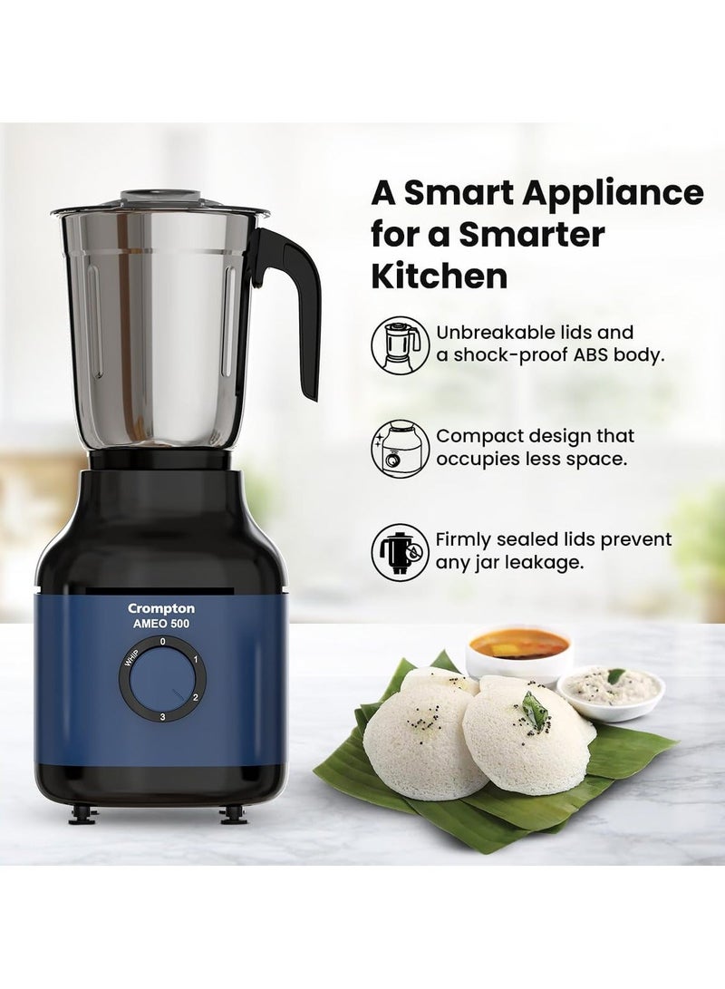 Crompton Ameo 500W Mixer Grinder with Powertron Motor & Motor Vent-X Technology, Robust design (3 Stainless Steel Jars, Blue and Black) - Image 3