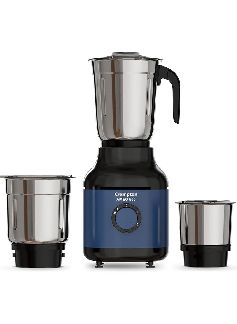 Crompton Ameo 500W Mixer Grinder with Powertron Motor & Motor Vent-X Technology, Robust design (3 Stainless Steel Jars, Blue and Black) - Image 1