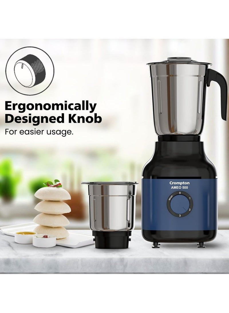 Crompton Ameo 500W Mixer Grinder with Powertron Motor & Motor Vent-X Technology, Robust design (3 Stainless Steel Jars, Blue and Black) - Image 5