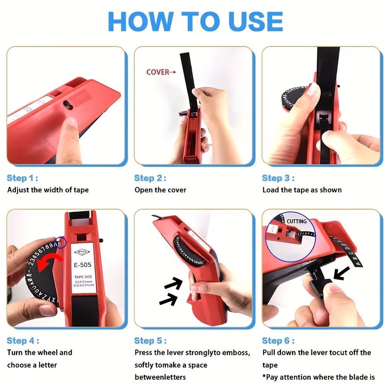 آلة صنع الملصقات اليدوية Red Motex E5500 لشريط DYMO ثلاثي الأبعاد البارز مقاس 9 و12 ملم - Image 4