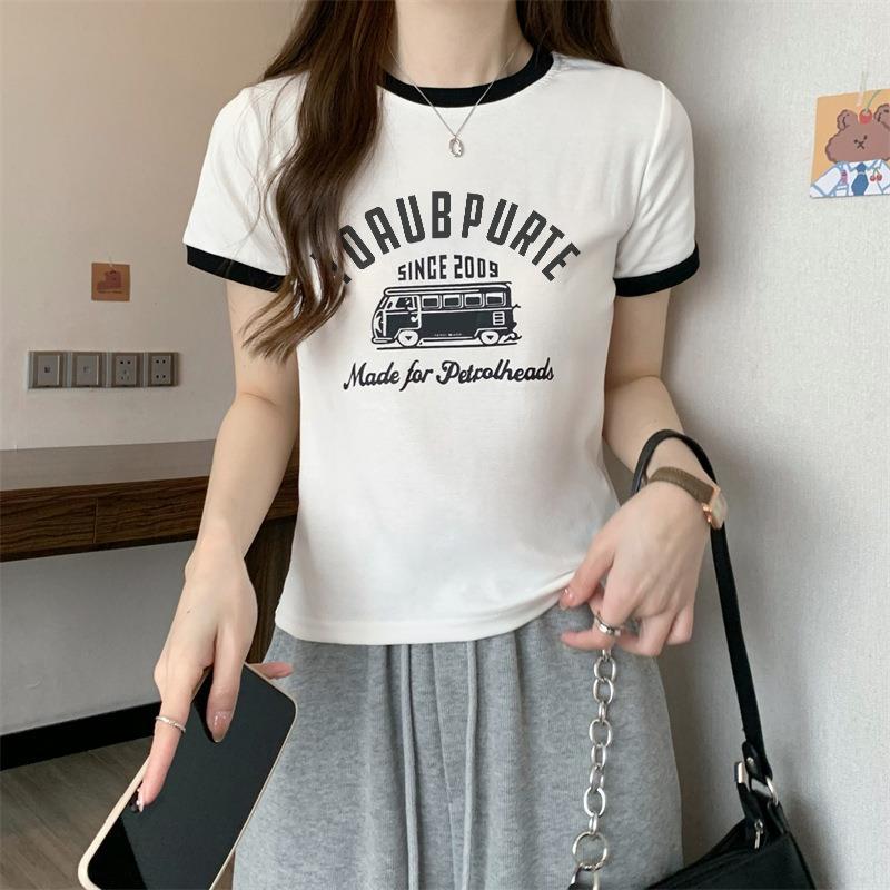 Milk Silk T-Shirt for Women Summer 2025 New Sweet Hottie Contrasting Color Round Neck Short Top Short-Sleeved T-Shirt for Women Trendy Export - Image 3