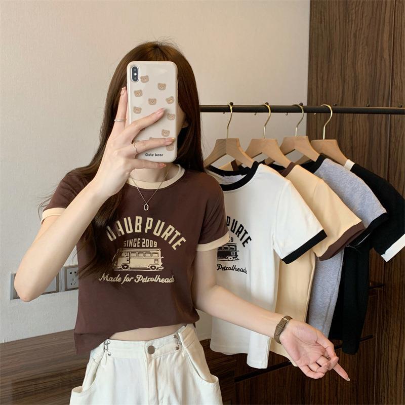 Milk Silk T-Shirt for Women Summer 2025 New Sweet Hottie Contrasting Color Round Neck Short Top Short-Sleeved T-Shirt for Women Trendy Export - Image 2