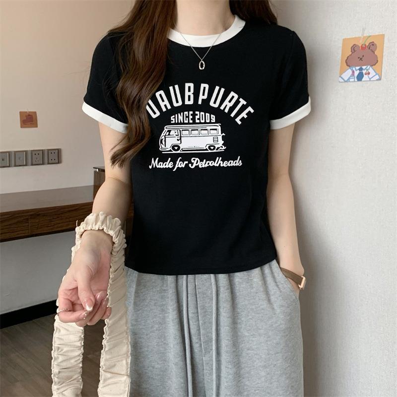 Milk Silk T-Shirt for Women Summer 2025 New Sweet Hottie Contrasting Color Round Neck Short Top Short-Sleeved T-Shirt for Women Trendy Export - Image 4