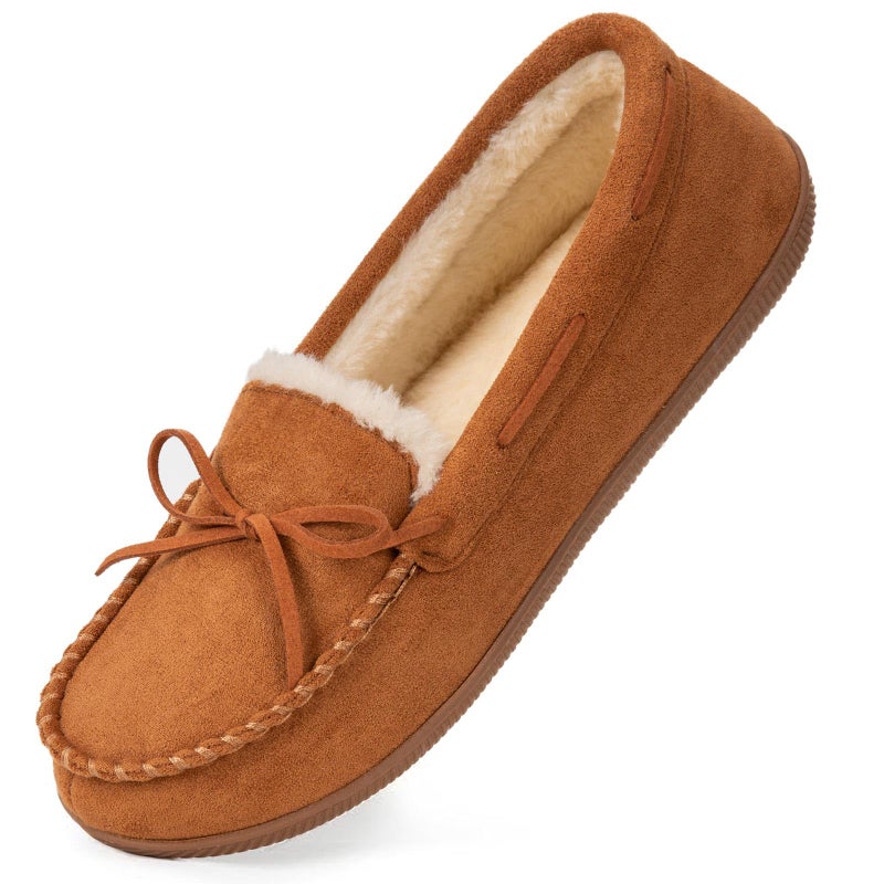 HomeTop Women's Moccasins House Slippers Memory Foam Soft Faux Fur Indoor Outdoor Shoes for Ladies Chestnut,8 US - Image 1