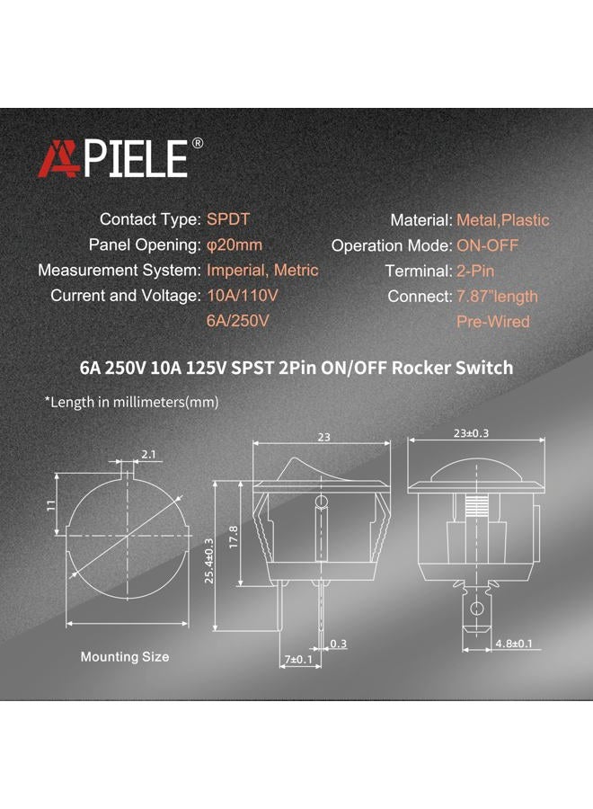 APIELE 10Pcs Rocker Switch ON Off KCD1 Mini Round Toggle Switch SPST 2Pin Snap-in Design Car Boat Automotive with Wires Pre-Wired AC 6A/250V 10A/125V 12VDC - Image 2