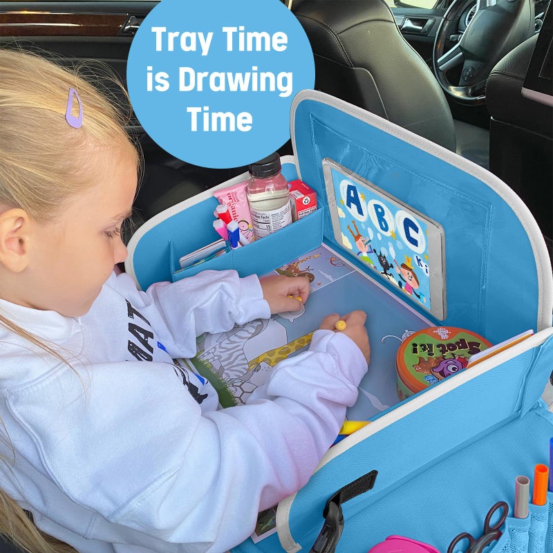 MENZOKE Kids Travel Tray for Boys or Girls, Travel Tray for Kids Car Seat with Tablet Holder, Dry Erase Board & Cooler Cup Holder, Road Trip Essentials Accessories for Car Trip, Airplane (2 Pack) - Image 2