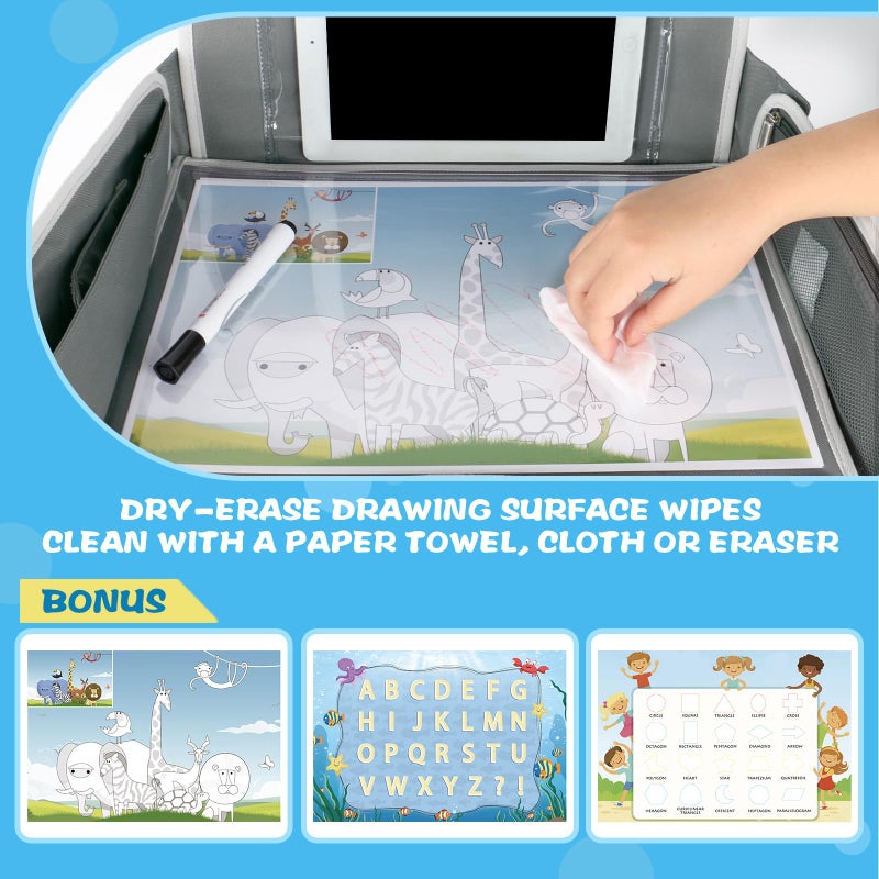 MENZOKE Kids Travel Tray for Boys or Girls, Travel Tray for Kids Car Seat with Tablet Holder, Dry Erase Board & Cooler Cup Holder, Road Trip Essentials Accessories for Car Trip, Airplane (2 Pack) - Image 3