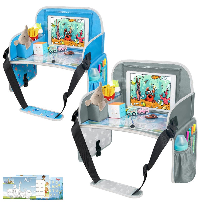 MENZOKE Kids Travel Tray for Boys or Girls, Travel Tray for Kids Car Seat with Tablet Holder, Dry Erase Board & Cooler Cup Holder, Road Trip Essentials Accessories for Car Trip, Airplane (2 Pack) - Image 1
