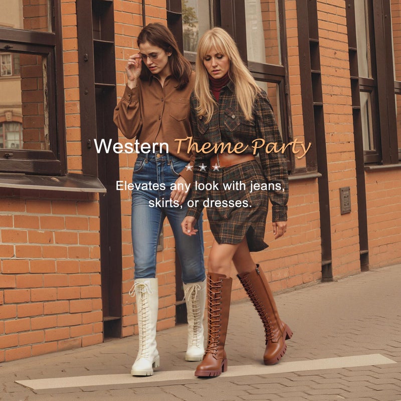 Vepose Women's Brown Lace Platform Combat Knee High Boots with Comfort 953 Chunky Heel Size 8.5 (CJY953 brownpu 08.5) - Image 3