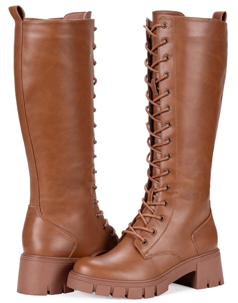 Vepose Women's Brown Lace Platform Combat Knee High Boots with Comfort 953 Chunky Heel Size 8.5 (CJY953 brownpu 08.5) - Image 1