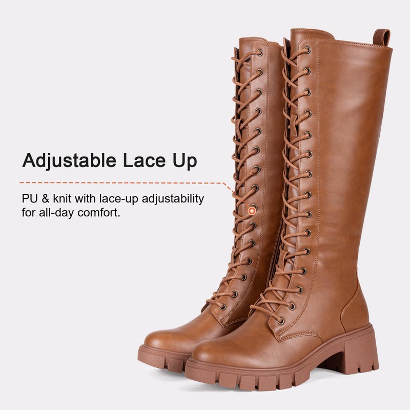 Vepose Women's Brown Lace Platform Combat Knee High Boots with Comfort 953 Chunky Heel Size 8.5 (CJY953 brownpu 08.5) - Image 5