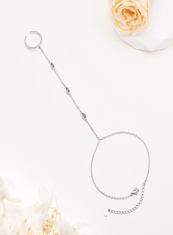 ALPHM S925 Sterling Silver Finger Ring Evil Eye Bracelet Hand Harness Attached Adjustable Chain Set for Women Jewelry - Image 3