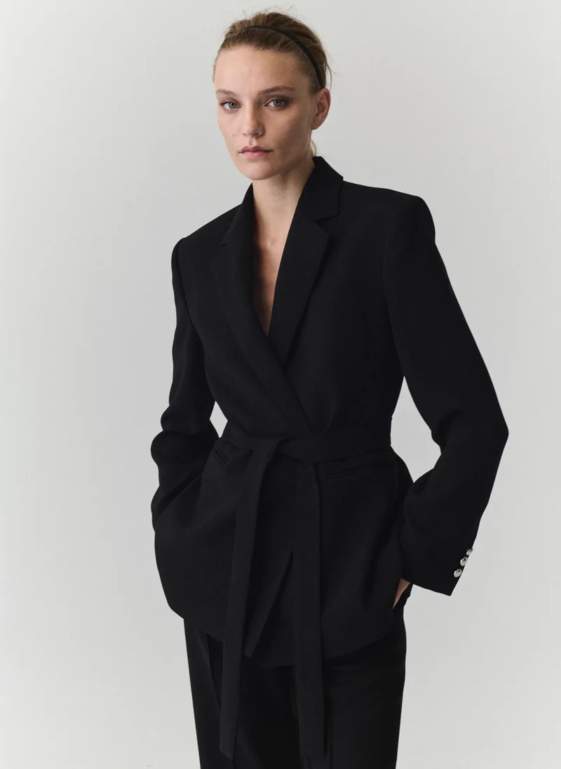 Mango Double-Breasted Belted Suit Blazer