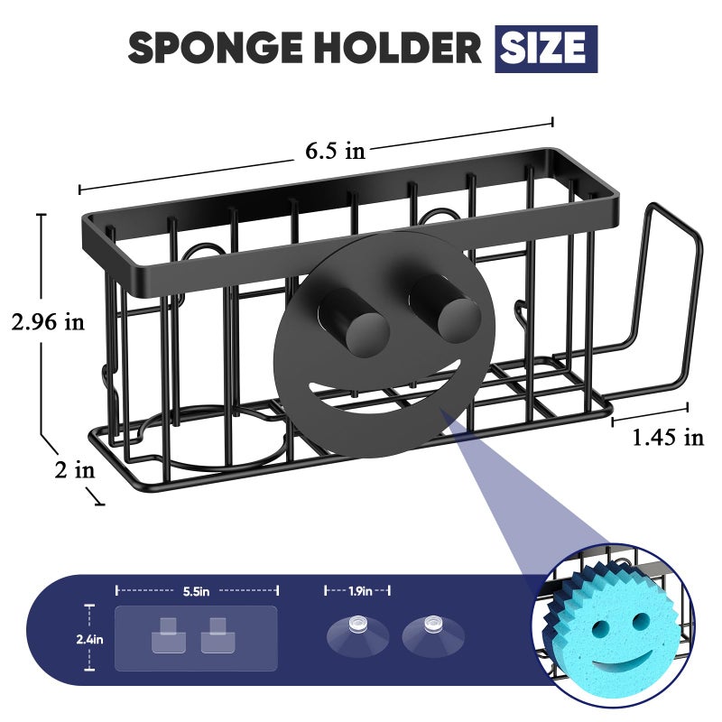 MURLONG Sponge Holder for Kitchen Sink,Sink Caddy Smiley Face,4-in-1 Sponge Holder with Suction Cups & 1 PCS Adhesive Strips for Holding Soap,Brush,Scrubber,Sponge,Stopper-Black - Image 2