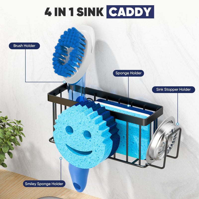 MURLONG Sponge Holder for Kitchen Sink,Sink Caddy Smiley Face,4-in-1 Sponge Holder with Suction Cups & 1 PCS Adhesive Strips for Holding Soap,Brush,Scrubber,Sponge,Stopper-Black - Image 5