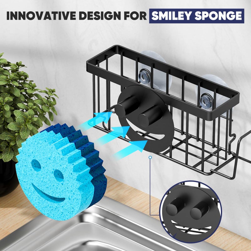 MURLONG Sponge Holder for Kitchen Sink,Sink Caddy Smiley Face,4-in-1 Sponge Holder with Suction Cups & 1 PCS Adhesive Strips for Holding Soap,Brush,Scrubber,Sponge,Stopper-Black - Image 4