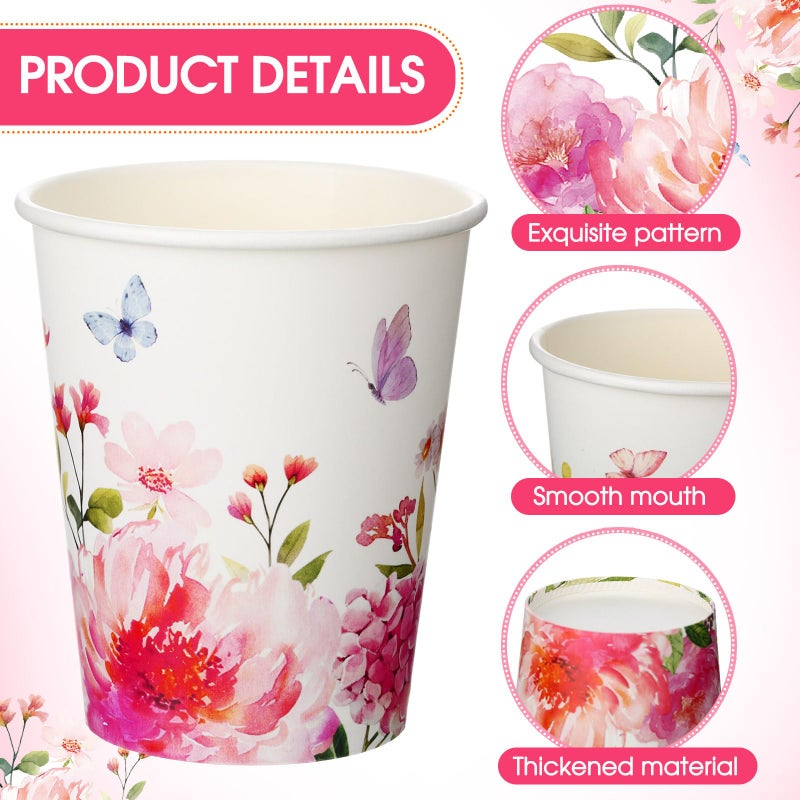 Maxcheck Maxcheck 100 Pcs Floral Party Supplies Bulk Spring Flower Paper Cup Disposable 9 oz Flowers Drinking Coffee Cup for Tea Party Hot Cold Drinks Wedding Birthday Bridal Baby Shower(Pink Purple Flower)  - Image 1