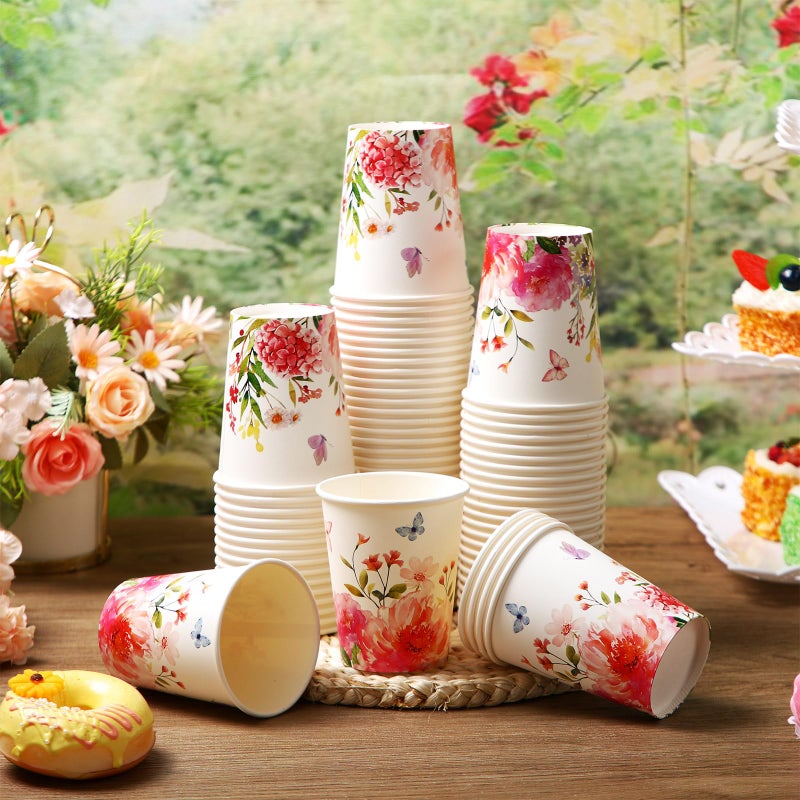 Maxcheck Maxcheck 100 Pcs Floral Party Supplies Bulk Spring Flower Paper Cup Disposable 9 oz Flowers Drinking Coffee Cup for Tea Party Hot Cold Drinks Wedding Birthday Bridal Baby Shower(Pink Purple Flower)  - Image 3