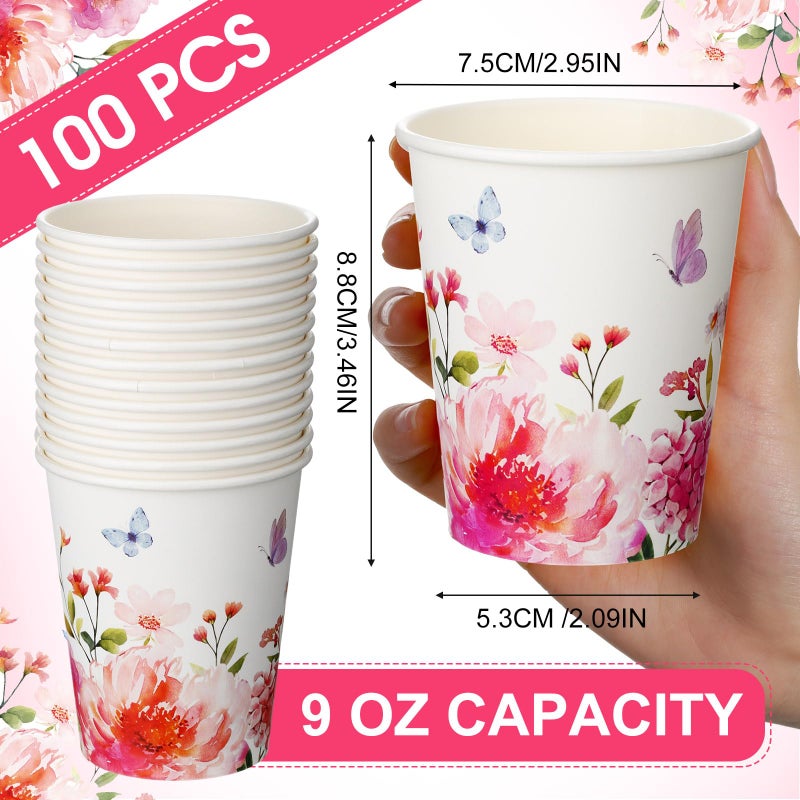 Maxcheck Maxcheck 100 Pcs Floral Party Supplies Bulk Spring Flower Paper Cup Disposable 9 oz Flowers Drinking Coffee Cup for Tea Party Hot Cold Drinks Wedding Birthday Bridal Baby Shower(Pink Purple Flower)  - Image 2