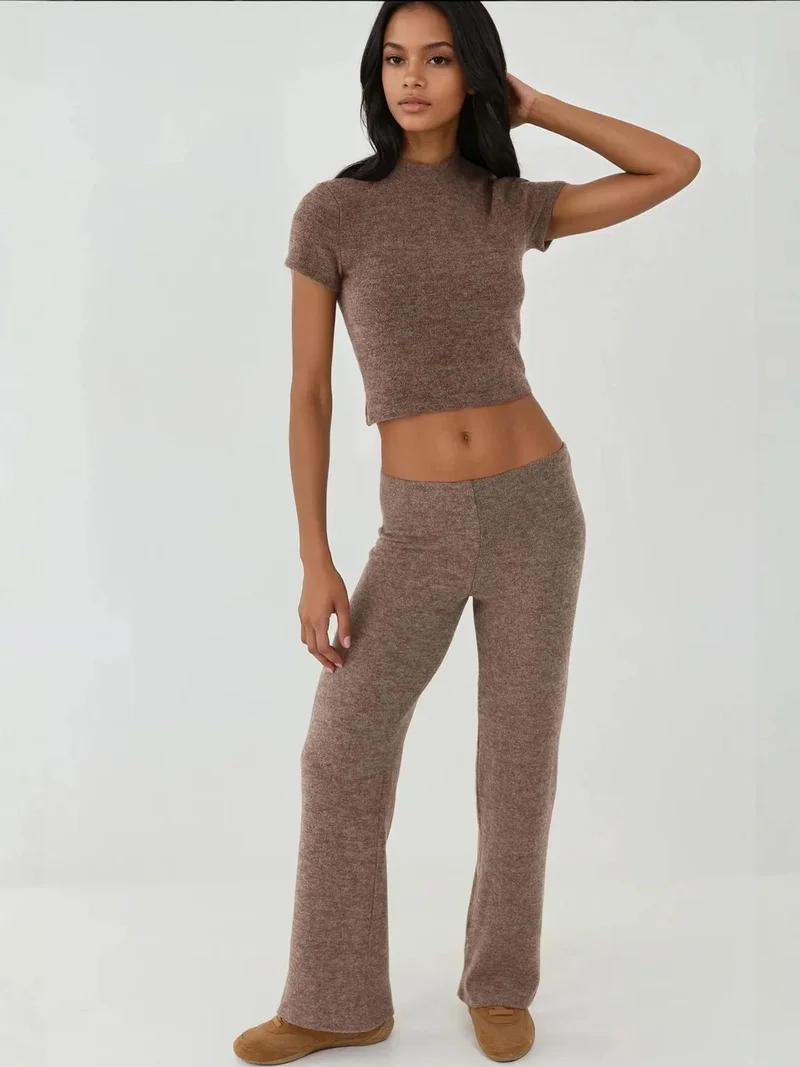 HICCUP Elastic Waist Soft Textured Knitted Pants