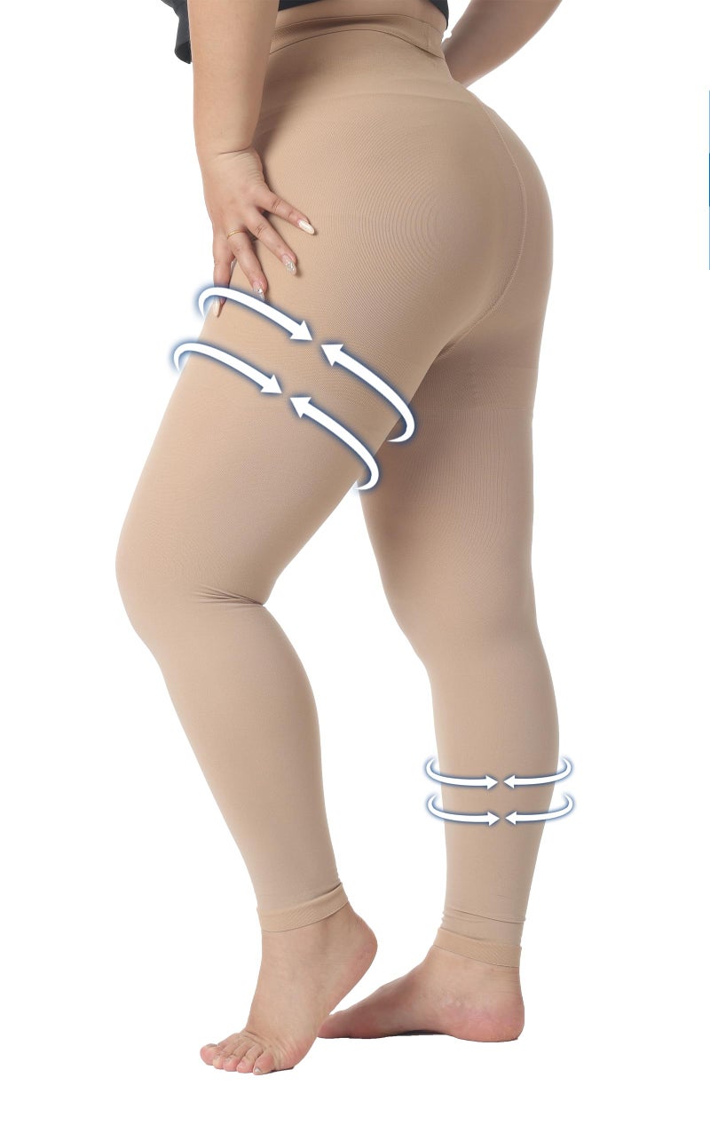 AMZAM جوارب طبية مضغوطة بحجم زائد 5XL للنساء والرجال، ضغط متدرج 20-30 مم زئبقي، جوارب عالية الخصر بدون قدم للوذمة، الدوالي، الرحلات، DVT، بيج - Image 1