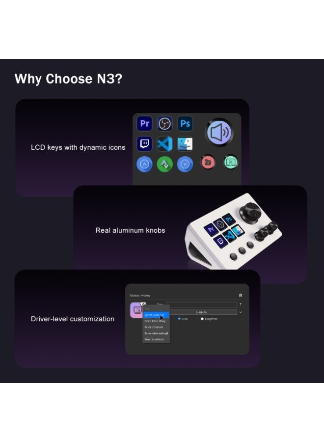 MiraBox N3 Stream Controller Deck V3 with 6 Programmable LCD Keys, 3 Multifunction Rotary Dials and 3 Tactile Buttons, Stream Deck Macro Controller for Live Streaming, Gaming, Audio Control, OBS Studio, Twitch, YouTube, Windows and Mac - Image 4