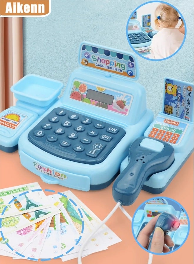 Aikenn Electric Toy Cash Register with Calculator and Light Music Multi-Function Role Play Supermarket Cash Register for Kids Over 3 Years Old Blue Ideal for Playhouse and Daily Use - Image 1